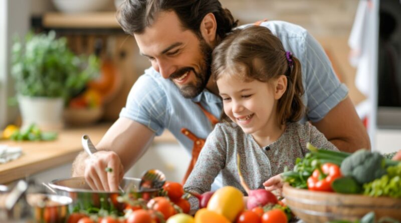 This shows a father and daughter making a meal.